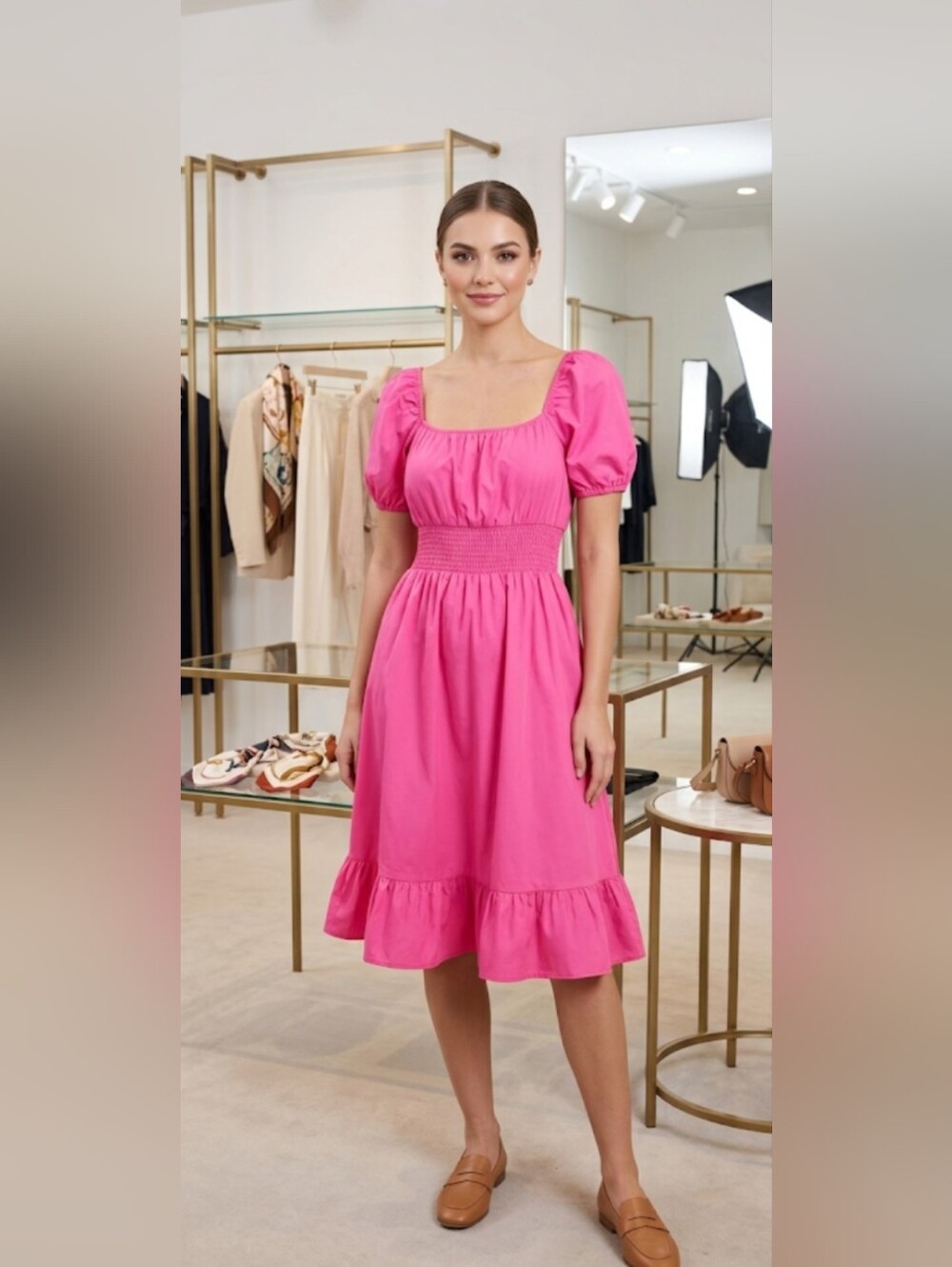 Pink Puff-Sleeve Smocked Waist Dress #88